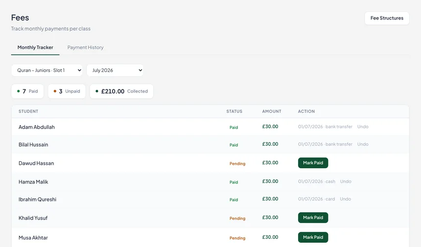 A real IlmFlow fees tracker — paid/unpaid status and amount per student for one class, with a Mark Paid action