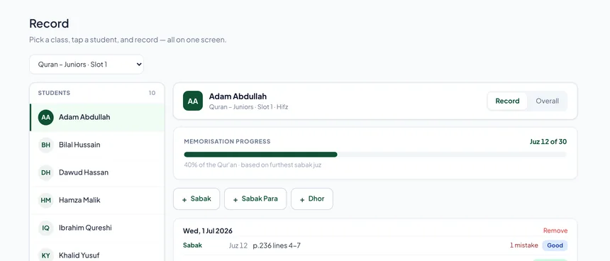 A real IlmFlow Hifz tracker — memorisation progress out of 30 juz, plus daily Sabak/Sabak Para/Dhor listenings with quality and mistake counts